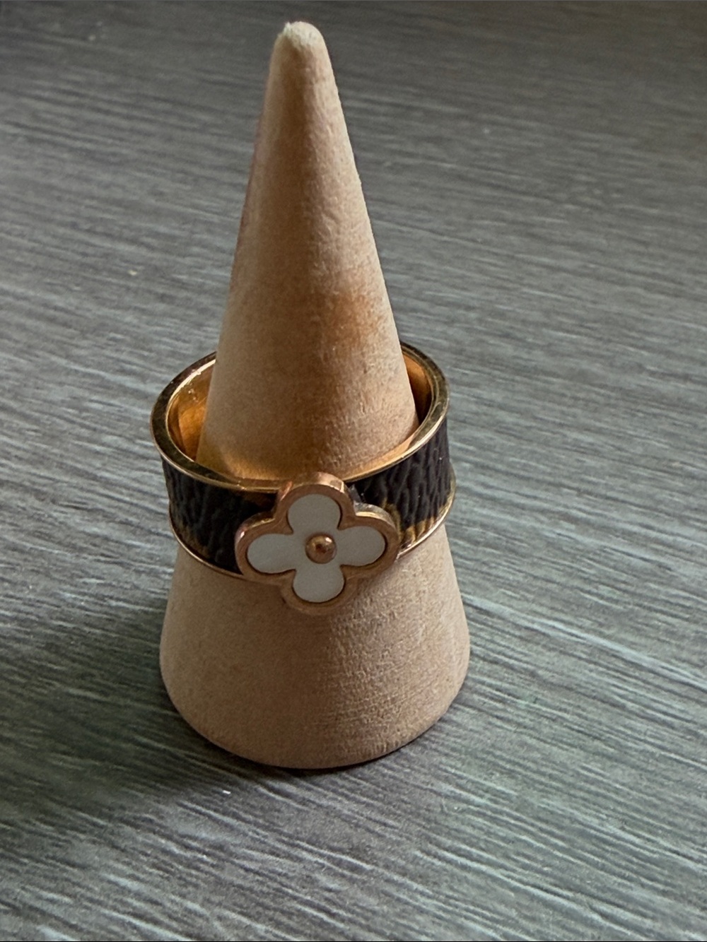 Gold-Tone Brown Enamel Flower Ring - White Flower Accent